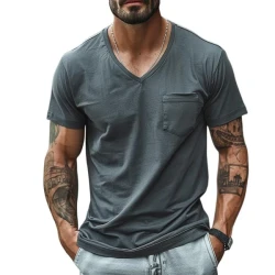 V-Neck Cotton Blend Patch Pocket Short Sleeve T-Shirt