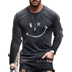 Men's Casual Smiley Printed Round Neck Long Sleeve T-Shirt