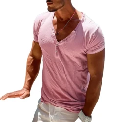 Men's Solid Buttons V-Neck Short Sleeve T-Shirt