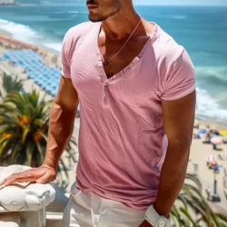 Men's Solid Buttons V-Neck Short Sleeve T-Shirt
