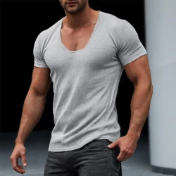Men's Solid Color U-Neck Tight Short-Sleeved T-Shirt