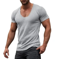 Men's Solid Color U-Neck Tight Short-Sleeved T-Shirt