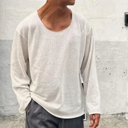 Men's Casual Cotton Blended Round Neck Loose Long Sleeve T-Shirt