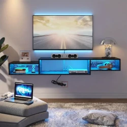 Floating TV Stand Wall Mounted with Power Outlet - 59'' Entertainment Shelf with LED Lights