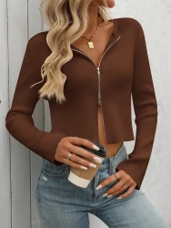 Women's Solid Color Long Sleeve Zipper Cardigan Sweater