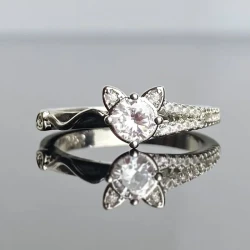 Sterling Silver Cat Ears Ring with Simulated Diamond – Cute and Elegant Fashion Jewelry