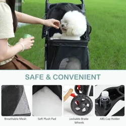 OLIXIS Pet Stroller With 3 Wheels: Jogger Stroller For Medium And Small Dogs And Cats, Travel Folding Carrier With Waterproof Design, Cup Holder, And Removable Liner - Black