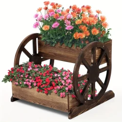 Wooden Wagon Planter Box Decorative Wooden Cart Rustic Flower Pot Garden Wagon Decor with Wheels for Indoor Outdoor Patio Garden Balcony Backyard Decoration