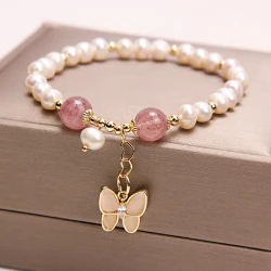 Freshwater Pearl & Strawberry Quartz Bracelet - Elegant Opal Butterfly Charm Bracelet for Women