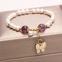 Freshwater Pearl & Strawberry Quartz Bracelet - Elegant Opal Butterfly Charm Bracelet for Women