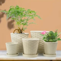 A Set Of Five Different Sizes, A Simple Bamboo Shaped Plastic Flowerpot Suitable For Indoor And Outdoor Decoration, Perfect For Planting Green Plants.