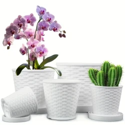 A Set Of Five Different Sizes, A Simple Bamboo Shaped Plastic Flowerpot Suitable For Indoor And Outdoor Decoration, Perfect For Planting Green Plants.