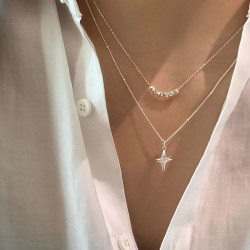 Double Layer Stainless Steel Necklace - Opal Cross Pendant & Bead Design for Women