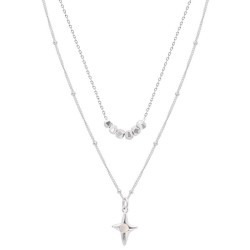 Double Layer Stainless Steel Necklace - Opal Cross Pendant & Bead Design for Women