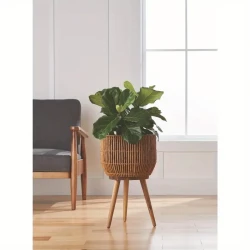 Brown resin flower pot: 13-inch round design, wooden leg stand, 21.65 inches high, new favorite for home decoration