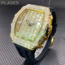 PLADEN Men's Luxury Hip Hop Iced Out Tonneau Rhinestone Watch