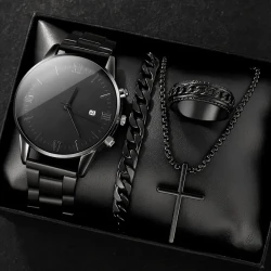 Men's Stylish Round Black Calendar Quartz Watch Set