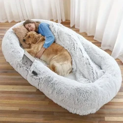 Human Dog Bed - Washable Faux Fur Orthopedic Bed for People and Pets with Plump Pillow and Blanket