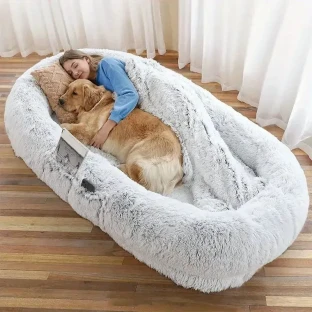 Human Dog Bed Washable Faux Fur Orthopedic Bed for People and Pets with Plump Pillow and