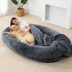 Human Dog Bed - Washable Faux Fur Orthopedic Bed for People and Pets with Plump Pillow and Blanket