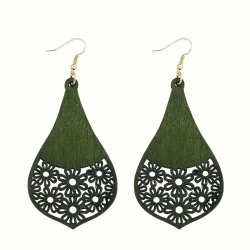 Set Wooden Carved Pattern Dangle Earrings