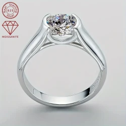 Elegant Classic Round Moissanite Engagement Ring - Synthetic 2CT Solitaire, 18K Golden Plated 925 Silver