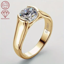 Elegant Classic Round Moissanite Engagement Ring - Synthetic 2CT Solitaire, 18K Golden Plated 925 Silver