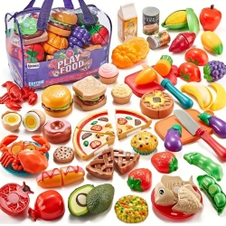 Pretend Play Food For Kitchen - 78Pcs Cutting Toy Food With Storage Bag, Food Toys With Veggies, Fruits, Fake Food With Pizza Toy, Pretend Food, Play Kitchen Accessories, As Halloween, Christmas Gift