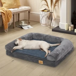 Extra Large Plus Size Dog Sofa Bed - Ultimate Orthopedic Memory Foam Pet Mattress with Calming Bolster Cushion, Waterproof Design, Removable Washable Cover, and Plush Pillow for Maximum Comfort and Support - Grey Colour