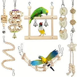 8-Piece Natural Wood Parrot Chewing Toy Set