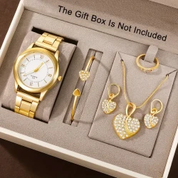 6pcs/set Golden Round Quartz Watch with Alloy Strap