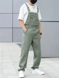 Men's All-Season Green Denim Bib Overalls - Loose, Casual Streetwear