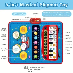 3 In 1 Musical Toys With 8 Animal Sounds, Musical Mat With Piano Keyboard & Drum Set With 2 Sticks, 8 Instrument Sounds/13 Demos, Birthday/Christmas Gifts