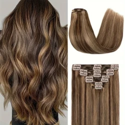 8Pcs Human Hair Clip In Hair Extensions Real Human Hair Chocolate Brown To Caramel Blonde Straight Human Hair Clip On Real Hair Weft Remy Human Hair Extensions 8pcs 18 Clips #4P27 Color For Women Daily Use Real Hair Clips Hair