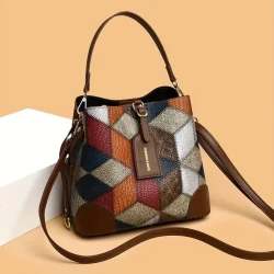 Elegant Women's Bucket Handbag with Geometric Pattern