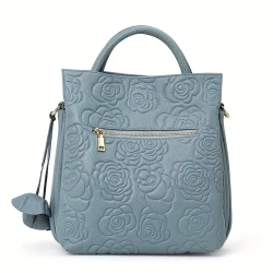 Elegant Genuine Faux Leather Rose Embossed Women's Handbag