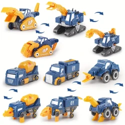 Construction Toy Dinosaur Vehicles Magnetic Set, 5-in-1 Educational STEM Building Car Kit, Transform Into Big Robot, Birthday Gift