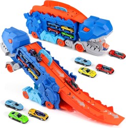 Transforming Dinosaur Launcher Track Set with Diecast Cars, Dual-Form Deformation Triangle Dragon Playset, Inertial Glide Vehicle Toy for Boys, Ideal for Ages 3-6, Gift for Birthdays & Holidays