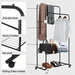 Mobile Double Rail Clothes Rack with Storage Shelves