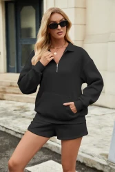 Casual Sweatshirt Suits Lapel Zipper Long Sleeve Top With Pocket And Elastic Shorts Fashion Loose Sports Set Outfits Womens Clothing