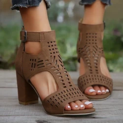 New High Square Heel Hollow Roman Shoes With Back Zipper For Women