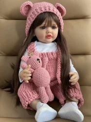 55cm 22inch Lifelike Soft Silicone Body Reborn Baby Girl Doll With Long Brown Hair Princess Toddler Bebe Toy Halloween Christmas Gifts