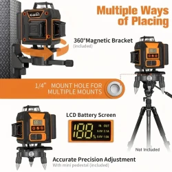 GZG 4x360 Self-Leveling Line Laser with 16 Lines, Green Beam, Pulse Mode for Construction, Tiling, Picture Hanging - USB Rechargeable, 18650 Series Lithium Battery, LCD Display, Remote Control, Lifting Base Included