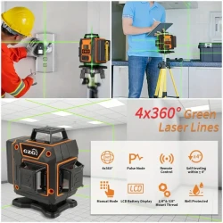 GZG 4x360 Self-Leveling Line Laser with 16 Lines, Green Beam, Pulse Mode for Construction, Tiling, Picture Hanging - USB Rechargeable, 18650 Series Lithium Battery, LCD Display, Remote Control, Lifting Base Included