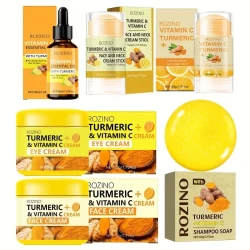 6pcs Turmeric & Vitamin C Skincare Set - Moisturizing Face, Eye, Hand & Foot Creams, Essential Oil, Shampoo - Hydrating, Anti-Aging, Fine Pore Minimizing, Long-Lasting Hydration, Alcohol-Free, Suitable for All Skin Types