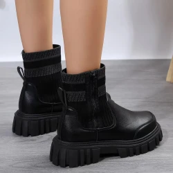 Mid-tube Boots With Zipper Design Non-slip Thick Sole Elastic Knitted Patchwork Boots For Women Round Toe Shoes