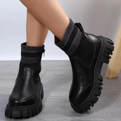 Mid-tube Boots With Zipper Design Non-slip Thick Sole Elastic Knitted Patchwork Boots For Women Round Toe Shoes