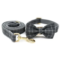 Grey Plaid Dog Collar with Golden Metal Button