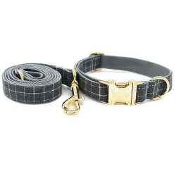 Grey Plaid Dog Collar with Golden Metal Button