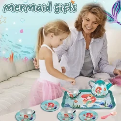 TOIYESE 19pcs Mermaid Tea Party Playset for Girls Ages 3-6 - Includes Tin Tea Set & Carrying Case, Perfect Princess Pretend Play Kitchen Toy, Ideal Birthday Gift